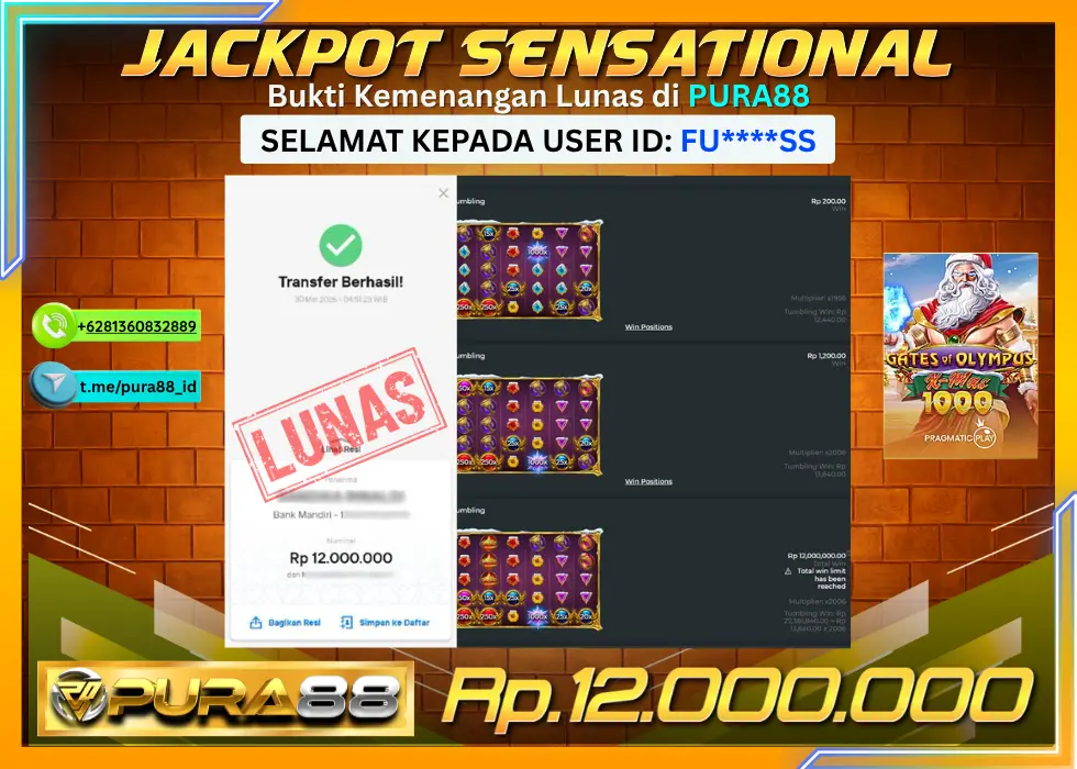 PURA88 JACKPOT GATES OF OLYMPUS XMAS 1000 Rp 12.000.000,- LUNAS